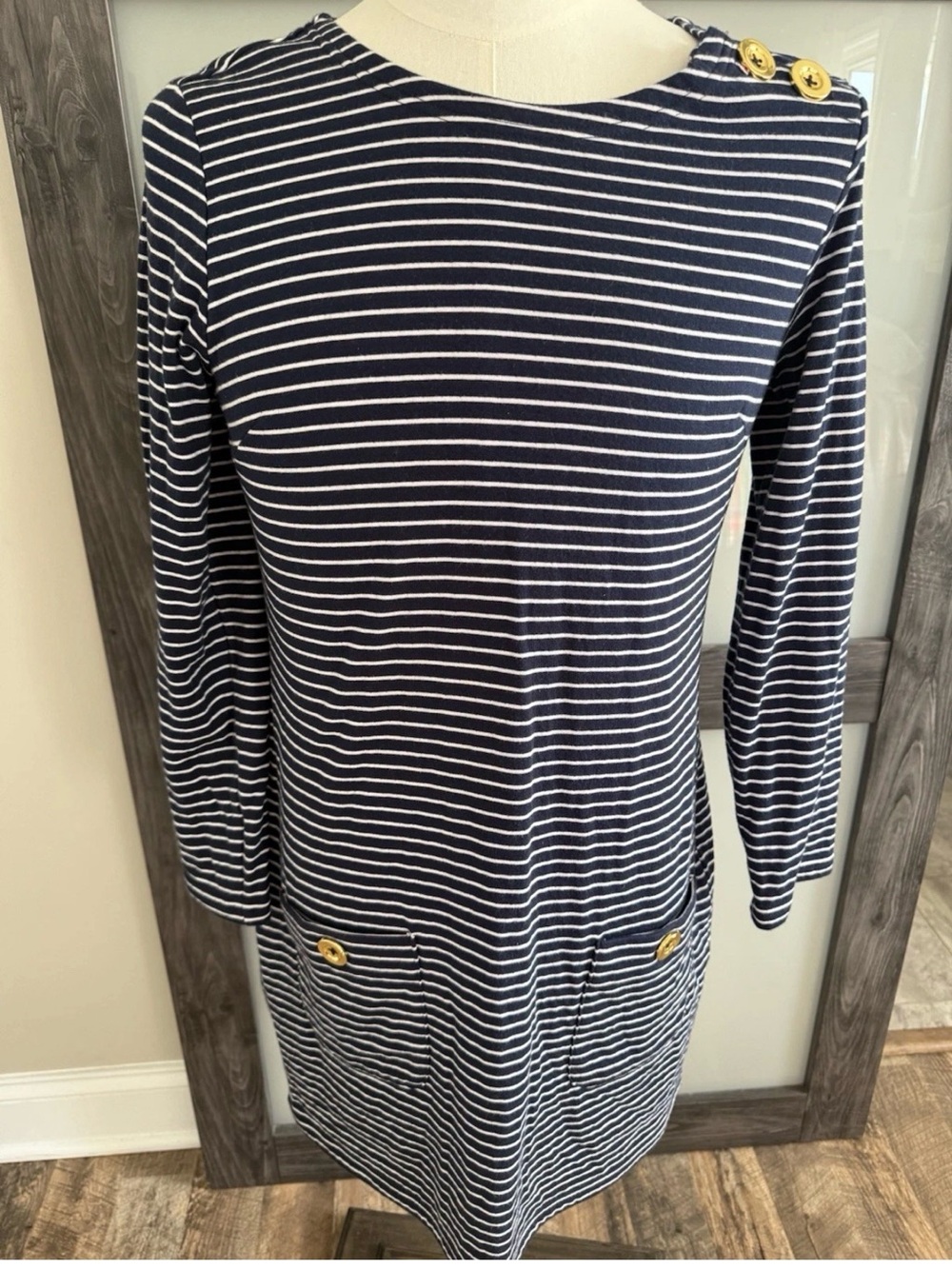Sail to Sable Navy and White Striped Boatneck Dress with Gold Buttons